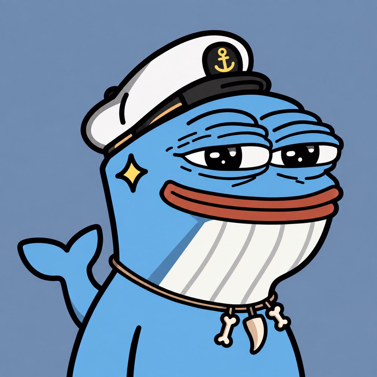 The Original Captain: a blue whale with a captain’s hat and sleepy Pepe eyes.