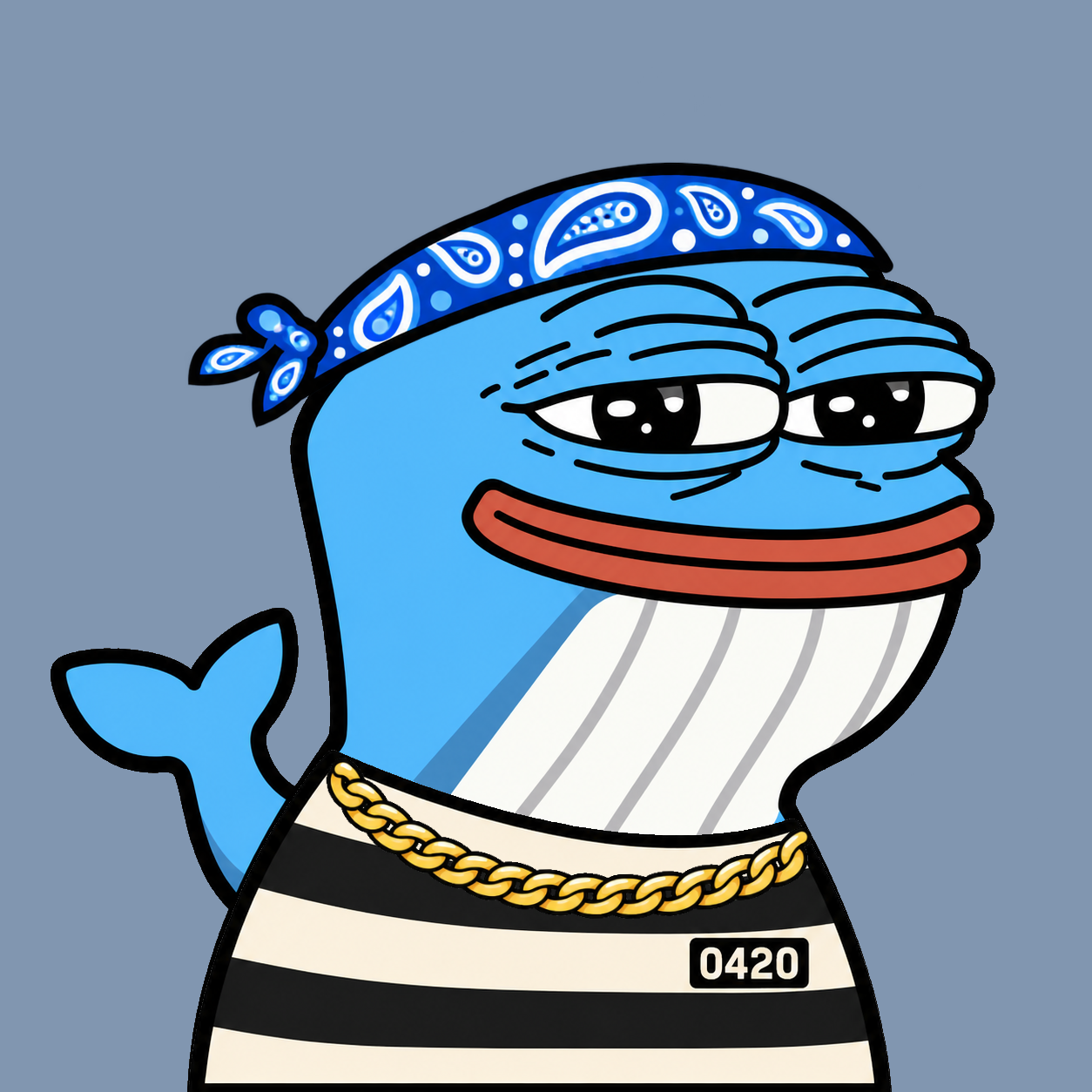 A blue crew whale wearing a blue bandana, a gold chain and prison stripes.