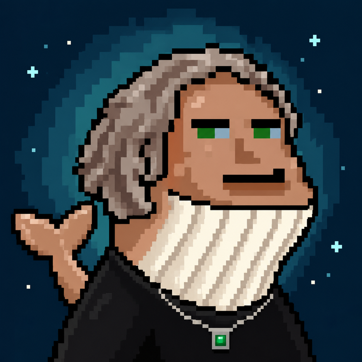 KEVIN, a tan pixel whale guest portrait with green eyes.