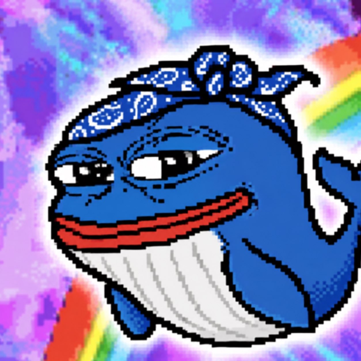 The Uni Original: a swimming pixel whale against a rainbow background.